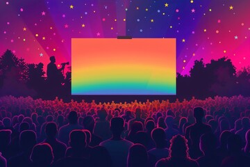A large crowd of people are watching a rainbow on a big screen