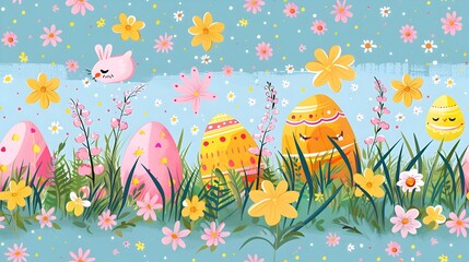 Cheerful Easter Landscape with Colorful Eggs Flowers and Bunnies in Springtime Meadow
