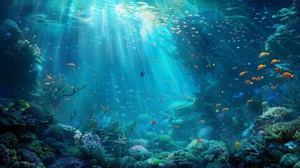 Aquamarine underwater scene with sunlight