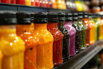 A variety of hot sauces in glass bottles on a shelf. The bottles are arranged in a row, with the front bottle in focus and the others blurred in the background.