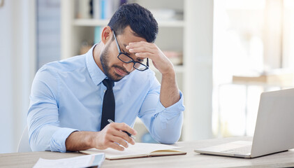 Headache, man and stress in office for deadline, debt and overworked in workplace. Male lawyer,...