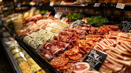 A variety of cured meats and sausages are on display at a deli counter.