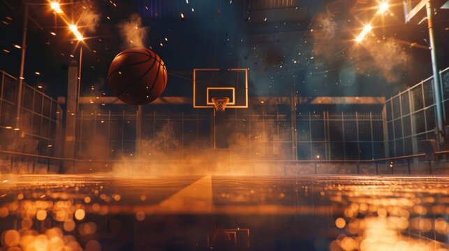 A dynamic shot of a basketball bouncing on a court, capturing the energy and intensity of a competitive game in action.