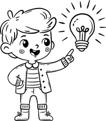 Cartoon child with bulb. Isolated outline illustration of concept, idea or solution