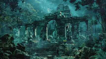 Ancient ruin in dense jungle deep emerald and mossy green hues merge into shadows