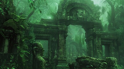 Mysterious ruin in dense jungle deep emerald and mossy green merge into shadows