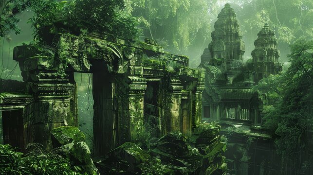 Forgotten ruin in jungle deep emerald and mossy green meld into shadows