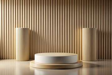 Golden podium for product display. Mock up scene with empty round stage.