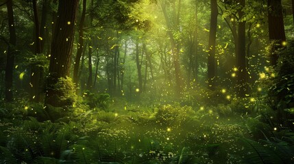 Obraz premium Mystical forest with magical firefly glow mossy green and woodland brown