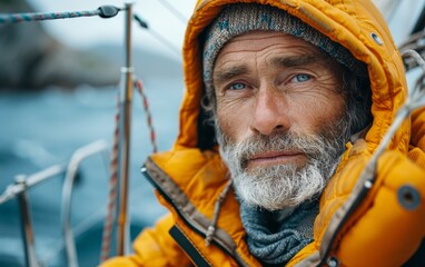Obraz premium A man in a yellow jacket with a blue hat and beard. He is looking at the camera