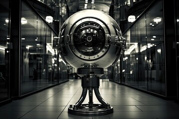 Bank security camera view, front view, guarding financial transactions, advanced tone, black and white