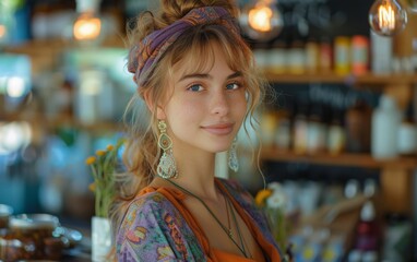 Obraz premium A woman with a purple headband and earrings is standing in front of a store with a sign that says 