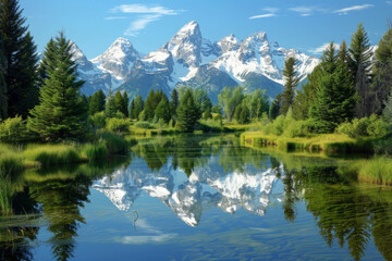 A majestic vista of snow-capped mountains mirrored in the crystal-clear waters of a serene alpine lake, surrounded by towering pine trees and rugged wilderness.