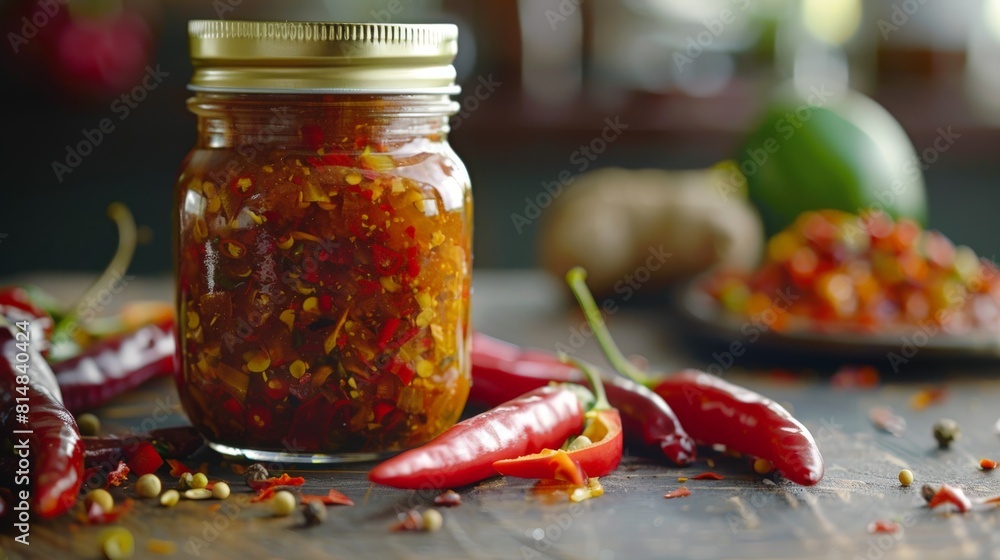 Wall mural jar of homemade hot sauce with fresh chili peppers, a versatile condiment for adding heat to any mea