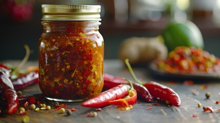 jar of homemade hot sauce with fresh chili peppers, a versatile condiment for adding heat to any meal.