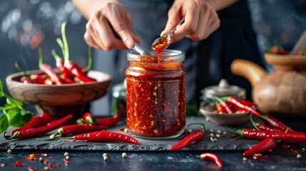 jar of homemade hot sauce with fresh chili peppers, a versatile condiment for adding heat to any meal.