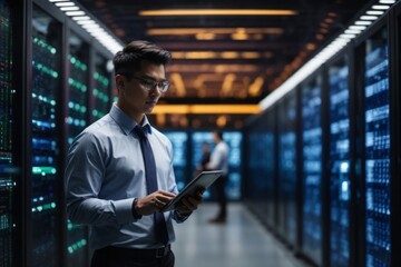 Fototapeta premium young male administrator checking data center with digital tablet in server room to protect data from cyber to be safe.