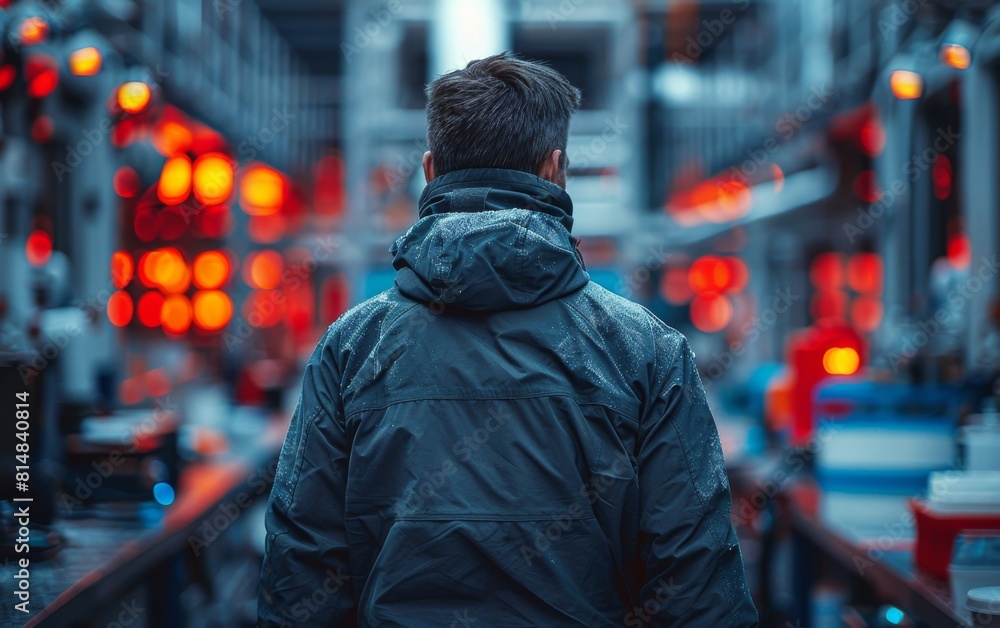 Poster a man wearing a black jacket stands in front of a building with red lights. the image has a moody an