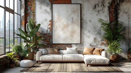 Cozy and Sophisticated Modern Living Room with Greenery and Industrial Flair