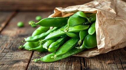 A close-up image of a brown paper bag filled with fresh green peas. The peas are wet and glistening in the light. The bag is sitting on a wooden table.