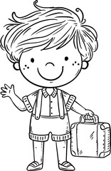 Cute cartoon boy with suitcase. Isolated outline illustration of traveller child