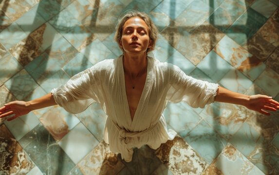 A woman in a white robe is standing in a room with a blue and white tile floor. She is looking up at the ceiling and she is in a meditative state