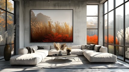 Cozy Modern Living Room with Autumn Landscape Overlooking Tranquil Nature Scenery