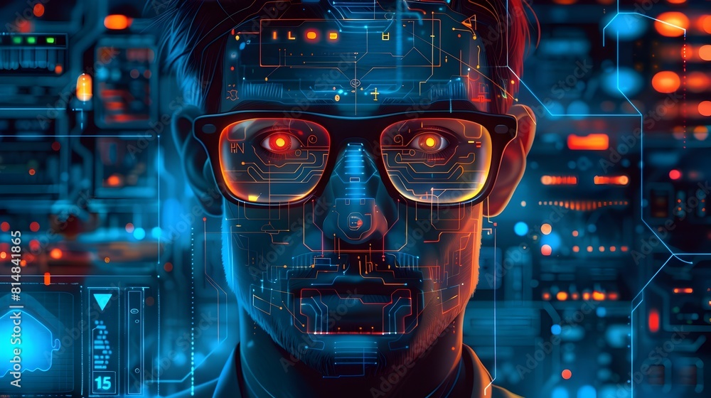 Poster Digital Cybernetic Technology and Artificial Intelligence Concept with Futuristic HUD Interface