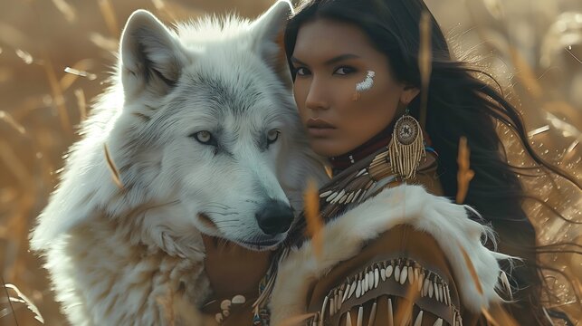 Beautiful wild native American woman with white wolf