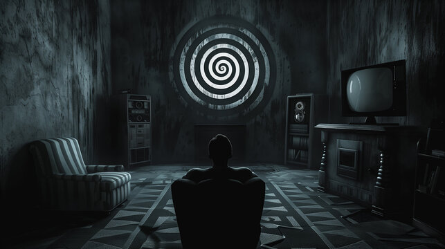 dark room with a silhouette of a person sitting and watching TV displays a hypnotizing spiral.