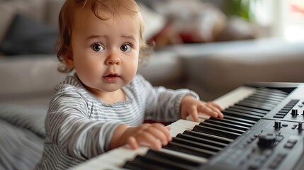 A baby girl is playing a Yamaha keyboard. She is very happy and excited. Her parents are watching her and smiling.