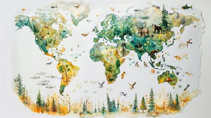 Artistic watercolor world map, each country highlighted with native animals and plants, all beautifully painted by hand on a white canvas