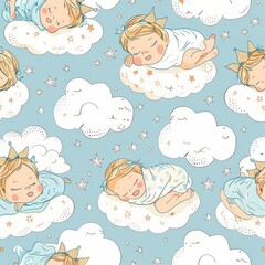 Artistic hand-drawn pattern of newborn baby princes draped in pastel cloths, asleep among clouds, perfect for biologically sustainable baby textiles