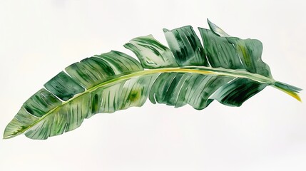 Artistic depiction of a banana leaf in watercolor, its long, elegant shape and rich green texture rendered with delicate strokes on a white backdrop