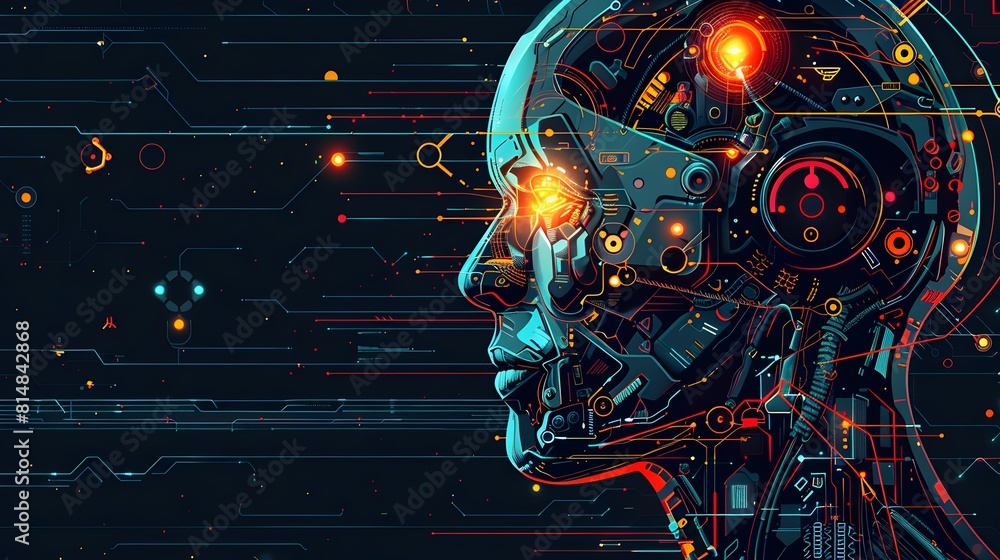 Poster futuristic advanced cyborg head with glowing digital elements and cosmic astronomical backdrop