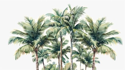 Artistic rendering of a cluster of vintage green palm trees, their intricate details hand-drawn and set against a pure white backdrop