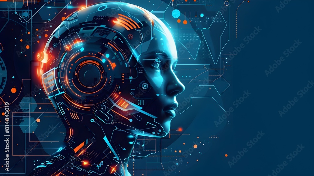 Aufkleber futuristic cyborg digital portrait with glowing circuit interfaces