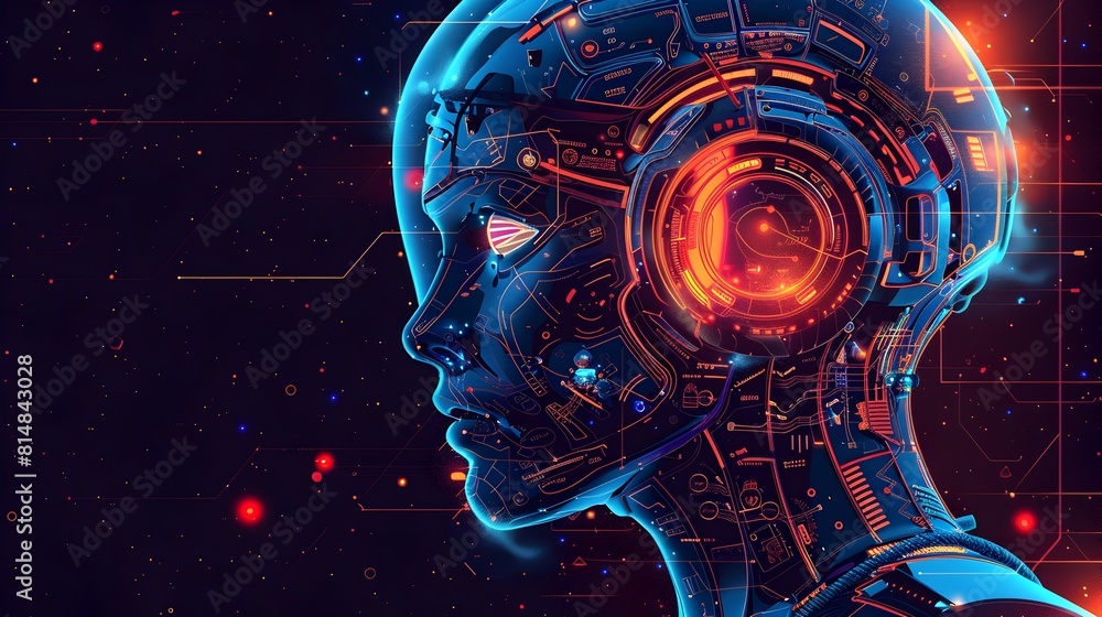 Poster futuristic cyborg face with glowing digital elements in conceptual sci fi
