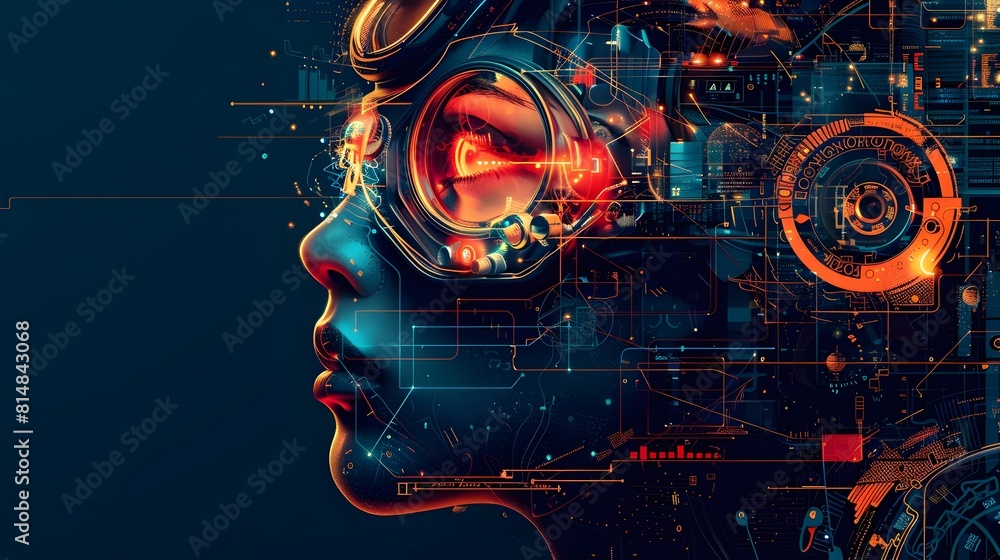 Aufkleber futuristic cyborg face with glowing digital interface and analytics