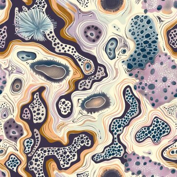 Artistic seamless pattern with hand-drawn cells and biotic forms, resembling microscopic nature, ideal for wallpaper or fabric on an isolated background