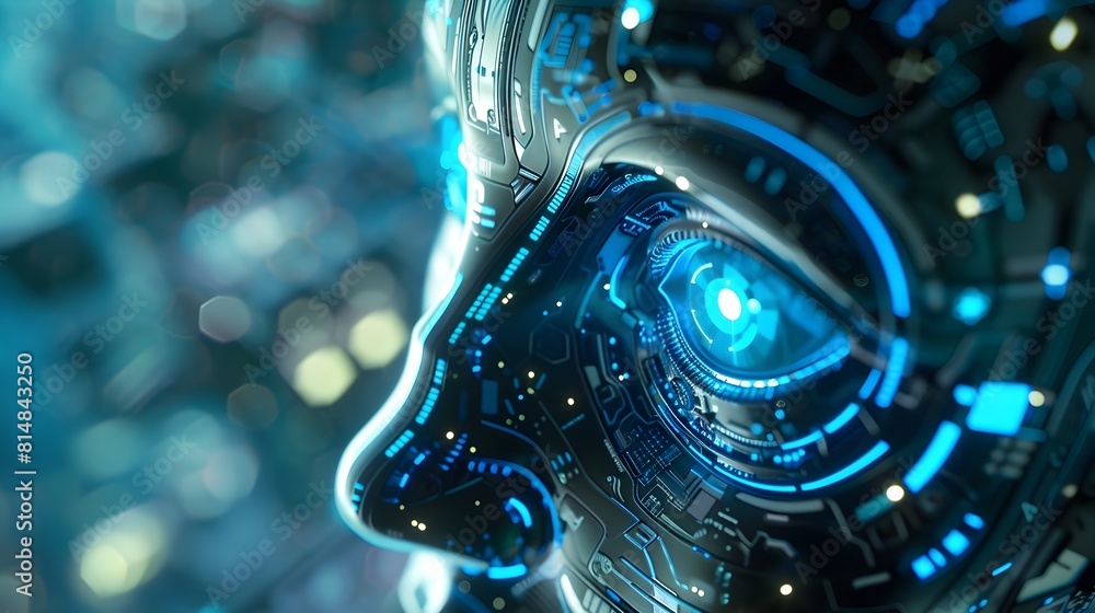 Poster Futuristic Cyborg Robot Eye with Advanced Digital Technology and Circuits description This image depicts a close up view of a futuristic high tech