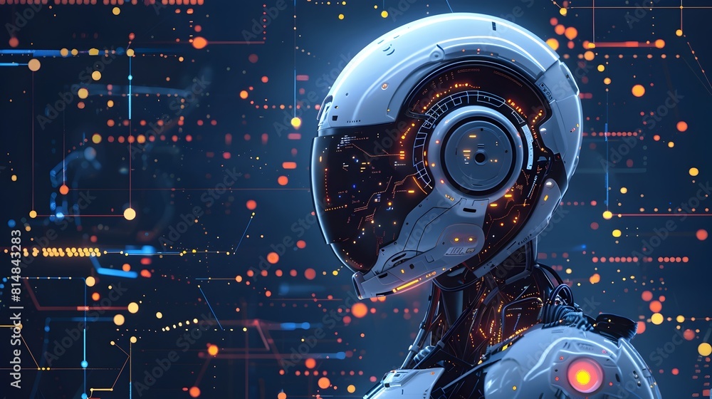 Poster futuristic cyborg robot in luminous digital universe technological landscape concept