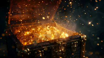 Open treasure chest filled with gold coins