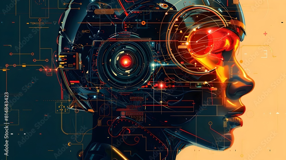 Aufkleber futuristic digital cyborg mind interface with glowing circuits and holographic visualization