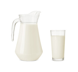 Glass and jug with milk isolated on white
