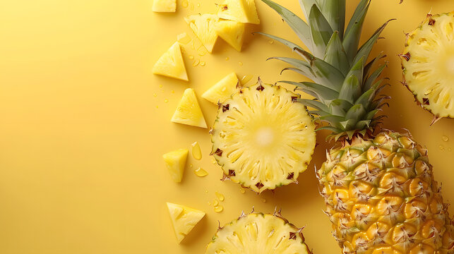 close up of pineapple over yellow background with copy space