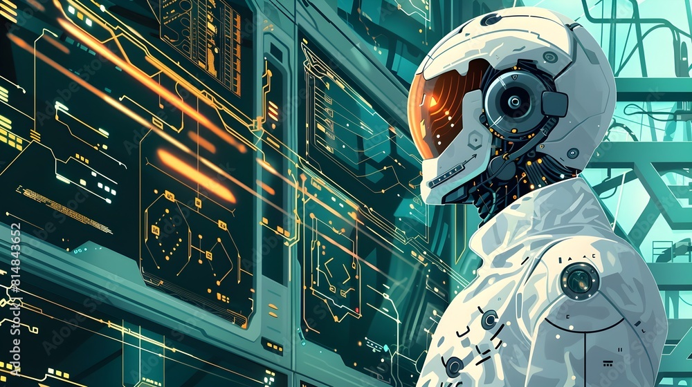 Fototapete futuristic robot operating high tech control panel in environment