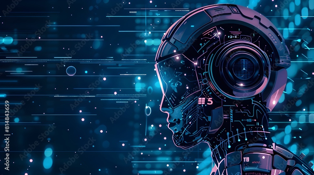 Poster futuristic robotic cyborg exploring the depths of the vast cosmic universe with advanced digital tec