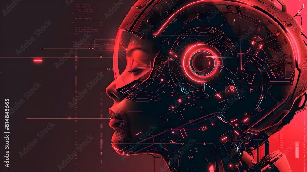 Poster futuristic robotic face in glowing red digital landscape conceptual artificial intelligence portrait