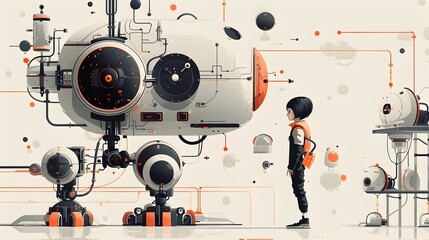 Futuristic Robotic Composition with Humanoid Figure in Geometric Abstract Landscape